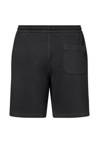 Shorts décontractés noirs avec ceinture élastique et une seule poche plaquée sur le côté droit, design uni, longueur au genou.