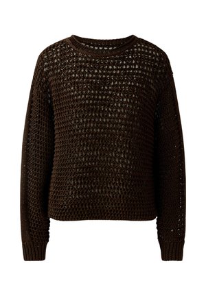 Pull crochet à manches longues de couleur brun foncé, avec un motif ajouré, des poignets côtelés et un col rond.