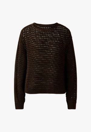 Pull crochet à manches longues de couleur brun foncé, avec un motif ajouré, des poignets côtelés et un col rond.