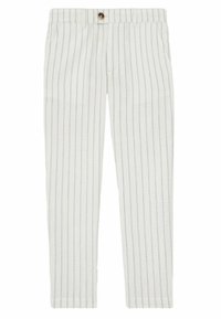 Bela prugasta hlače iz tkanine z teksturiranim zaključkom. Imajo gumb z zaklepom, štiri žepi in ozke vertikalne črte.