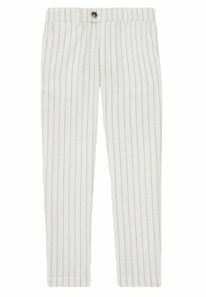 Weiß gestreifte Hosen aus einem Textil mit strukturiertem Finish. Verfügt über einen Knopfverschluss, vier Taschen und schmale vertikale Streifen.