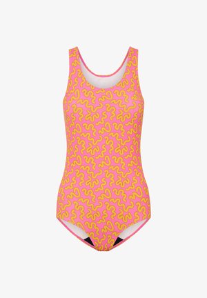 Maillot de bain avec un col rond et des bretelles larges. Présente un fond rose avec des motifs abstraits en vagues jaunes. Tissu lisse et extensible.