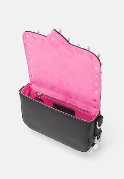 Black leather bag with a pink suede interior. Features silver studs along the top and an interior zip pocket. Rectangular shape.