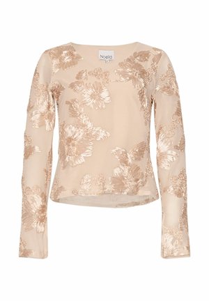 Beige Langarmbluse mit glänzenden, bestickten Blumenmustern, rundem Ausschnitt und Markenlabel "Noella" am Kragen.