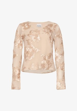 Beige Langarmbluse mit glänzenden, bestickten Blumenmustern, rundem Ausschnitt und Markenlabel "Noella" am Kragen.