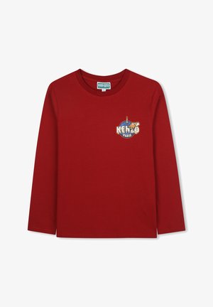 Rode longsleeve T-shirt gemaakt van katoen. Heeft een ronde halslijn met een blauw en geel grafisch druk, inclusief de tekst "KENZO" en "Paris".