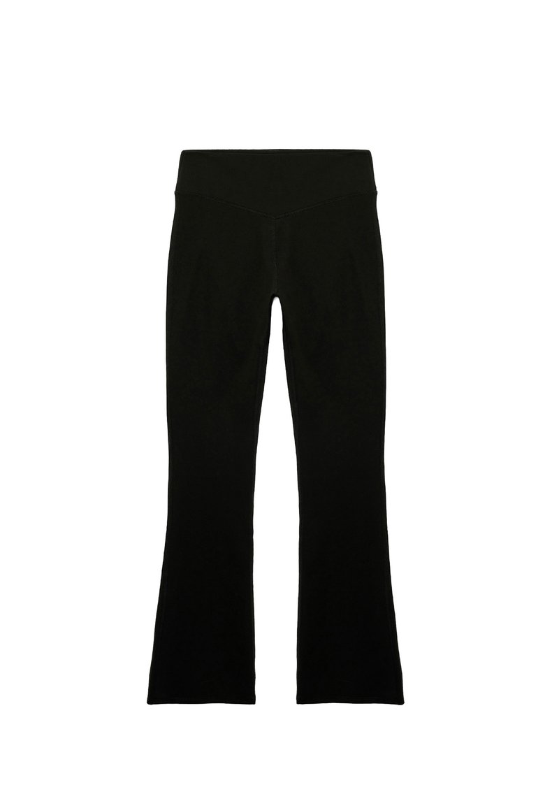 Sorte flared leggings med en høj, bred talje. Lavet af et glat, strækbart stof med flade sømme for komfort og en elegant silhuet.