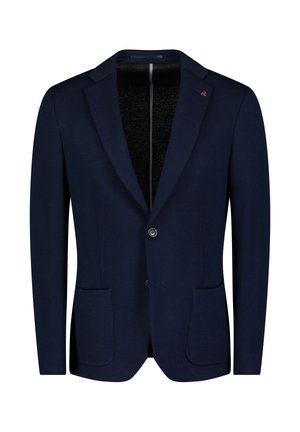 Marineblauwe blazer van gestructureerde stof, met twee zijzakken, een enkele knoopsluiting en een subtiel logo op de revers.