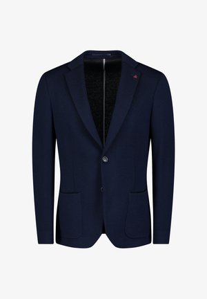 Blazer blu navy realizzato in tessuto testurizzato, con due tasche frontali, chiusura a un bottone e un sottile logo sul risvolto.