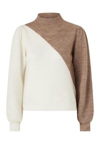 Maglione lavorato a maglia con colletto alto, design a blocchi di colore diagonali in crema e marrone, texture a coste e maniche a sbuffo.