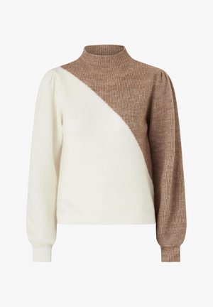 Gehaakte trui met een hoge nek, diagonale kleurblokontwerp in crème en bruin, geribbelde textuur en pofmouwen.