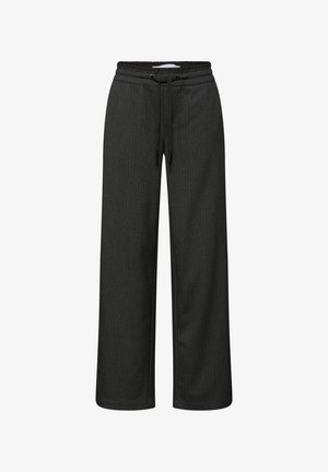 Dark gray wide-leg pants with subtle pinstripes, elastic waistband, and black drawstring ties in front.