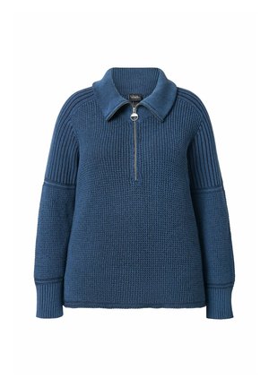 Blauwe gebreide pullover met een gestructureerde kraag, kwart rits, geribde accenten op de mouwen en een textuur in het lichaam. Casual, relaxte pasvorm.