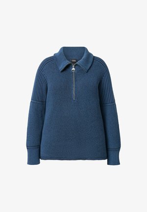 Pull-over en tricot bleu avec un col structuré, fermeture éclair quart de zip, accents côtelés sur les manches et corps texturé. Design décontracté et ample.
