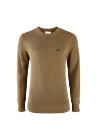 Maglione a maglia color khaki con maniche lunghe, collo rotondo, polsini e orlo a coste, caratterizzato da un piccolo logo nero sul lato sinistro del petto.