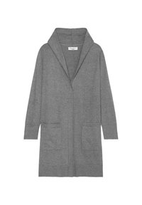 Grå stickad cardigan med sjalkrage, långa ärmar och två framfickor. Har en avslappnad passform och mjuk textur.