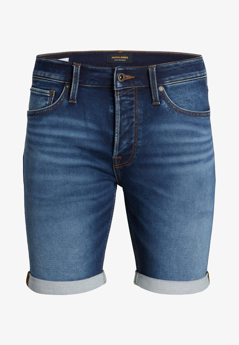Donkere blauwe denim shorts met een vervaagd effect, opgerolde zoom, vijf zakken en gele stiksels. Merkenlabel zichtbaar bij de tailleband.
