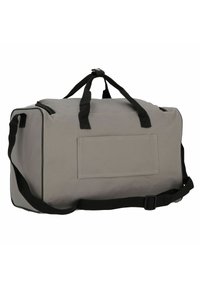 Graue Sporttasche mit schwarzen Akzenten, ausgestattet mit zwei Griffen, einem verstellbaren Schultergurt und einem Reißverschluss oben. Enthält eine Fronttasche.