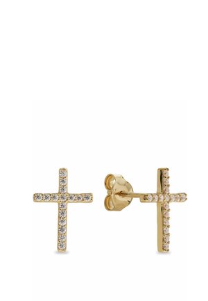 Orecchini a bottone a forma di croce in oro con piccole pietre preziose trasparenti, uno mostra il davanti, l'altro il lato e il retro.