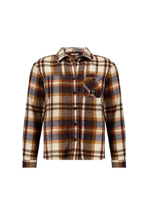 Flanellen shirt met een meerkleurig ruitpatroon in bruin, crème en marineblauw, met een knoopsluiting aan de voorkant en een borstzak.