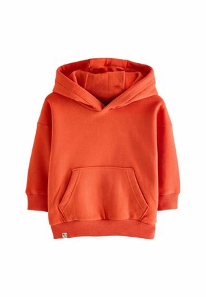 Leuchtend orangefarbenes Kinder-Kapuzen-Sweatshirt mit vorderer Kängurutasche und gerippten Bündchen und Saum.