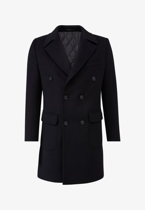 Cappotto doppiopetto in lana nera con ampe rever, dotato di due tasche frontali, chiusura con bottoni e fodera interna trapuntata.