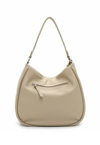 Beige leather shoulder bag with a hobo design, featuring a front zip pocket and a flat, curved shape. Smooth texture and adjustable strap.