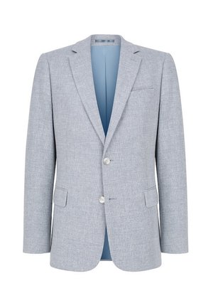 Jasnoszary teksturowany męski blezer z dwoma przednimi guzikami, klapami z wcięciami, kieszeniami z patkami oraz niebieską podszewką wewnętrzną, przedstawiony na białym tle.