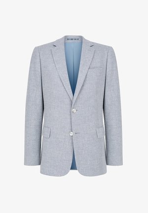 Jasnoszary teksturowany męski blezer z dwoma przednimi guzikami, klapami z wcięciami, kieszeniami z patkami oraz niebieską podszewką wewnętrzną, przedstawiony na białym tle.