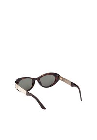 Želvovinové sluneční brýle s kulatými skly a šedým tónováním. Zlaté kovové akcenty na raménkách s detailem loga.