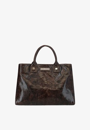 Sac à main en cuir synthétique effet peau de serpent marron avec finition brillante, forme structurée, double poignée supérieure et accents métalliques.