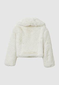 White faux fur cropped jacket with a wide collar and long sleeves. Soft texture, minimalistic design, and no visible hardware or fastenings.