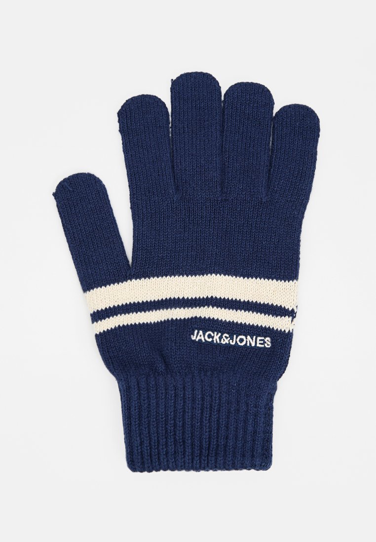 Marineblaue gestrickte Handschuhe mit einem cremefarbenen Streifenmuster. Verfügt über einen gerippten Bund und das Logo "JACK&JONES" in Weiß im Bereich des Handgelenks.