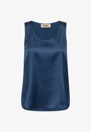 Top in satin blu navy con scollatura rotonda, design senza maniche e texture morbida. Presenta un orlo dritto e un'etichetta sul retro.