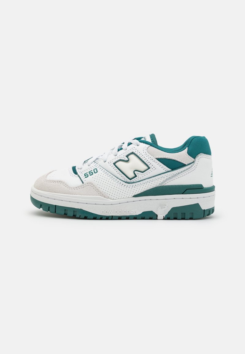 White and teal New Balance 550 sneakers feature a leather and suede upper, mesh accents, perforations, and a thick rubber outsole.