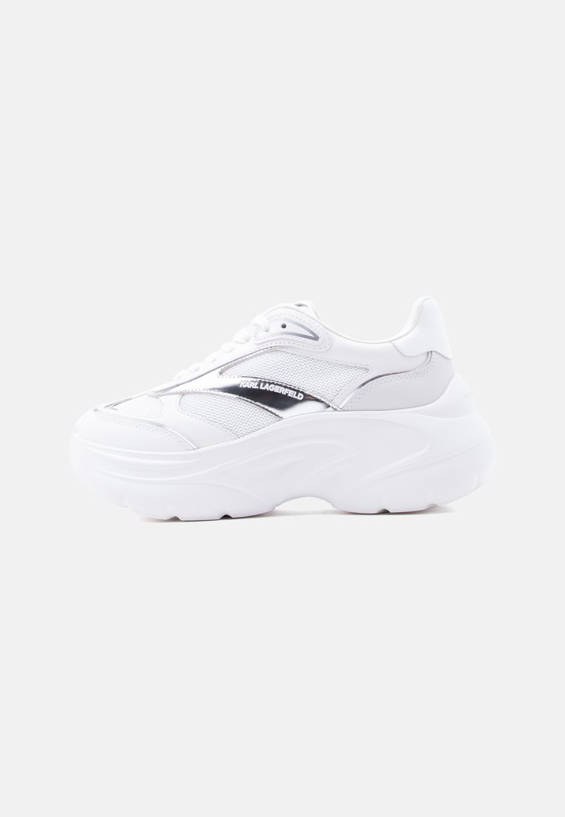 Λευκό chunky αθλητικό παπούτσι με επάνω μέρος από δίχτυ και δέρμα, χοντρή σόλα, μεταλλική ασημί λεπτομέρεια και το λογότυπο "Karl Lagerfeld" στην πλευρά.