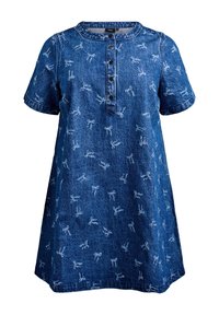 Denim haljina u plavoj boji s slobodnim krojem, kratkim rukavima i dugmadi. Ima bijeli uzorak mašnica po cijeloj haljini.