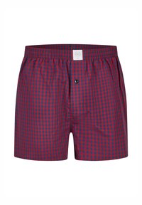 Röda och marinblå rutig boxershorts med elastisk midja, enkel knappstängning och en liten logotyp på framsidan. Material av bomullsblandning.