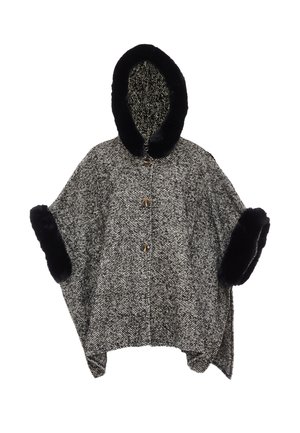 Uldblandings poncho med houndstooth-mønster, der har en sort faux fur hætte og manchetter, samt tre brune knapper foran.