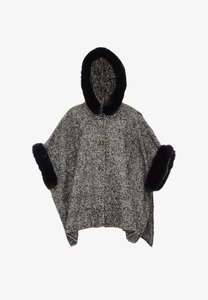 Ponczo z wełnianej mieszanki w wzór w houndstooth, z czarnym kapturem i mankietami z sztucznego futra oraz trzema brązowymi guzikami z przodu.