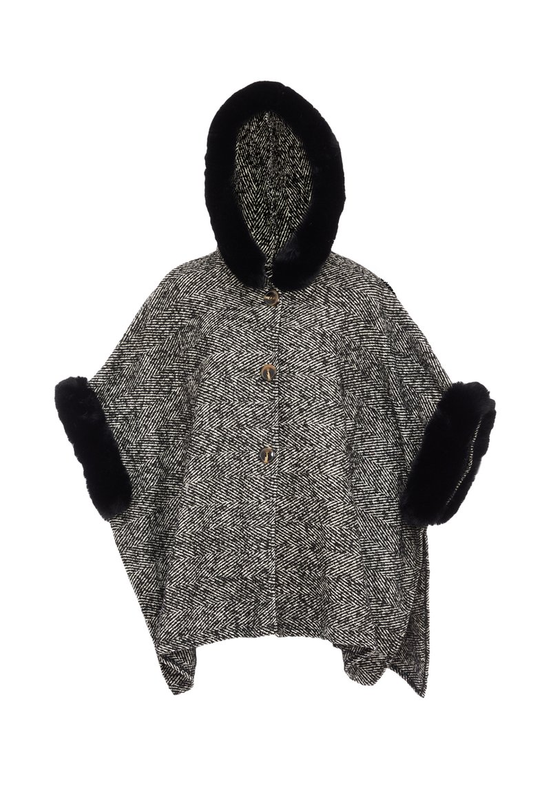 Poncho in misto lana con motivo a scacchi, dotato di cappuccio e polsini in pelliccia sintetica nera e tre bottoni marroni sul davanti.