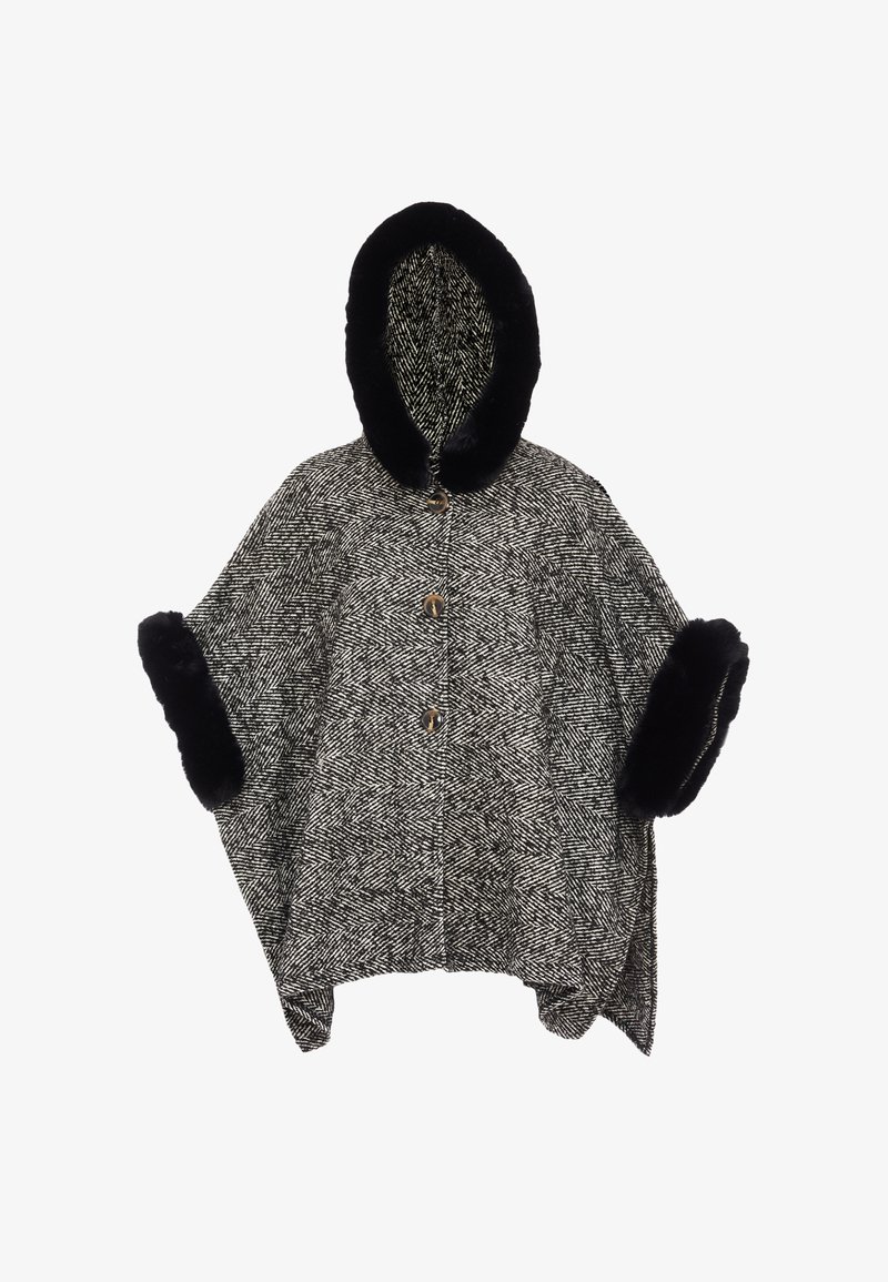 Poncho in misto lana con motivo a scacchi, dotato di cappuccio e polsini in pelliccia sintetica nera e tre bottoni marroni sul davanti.