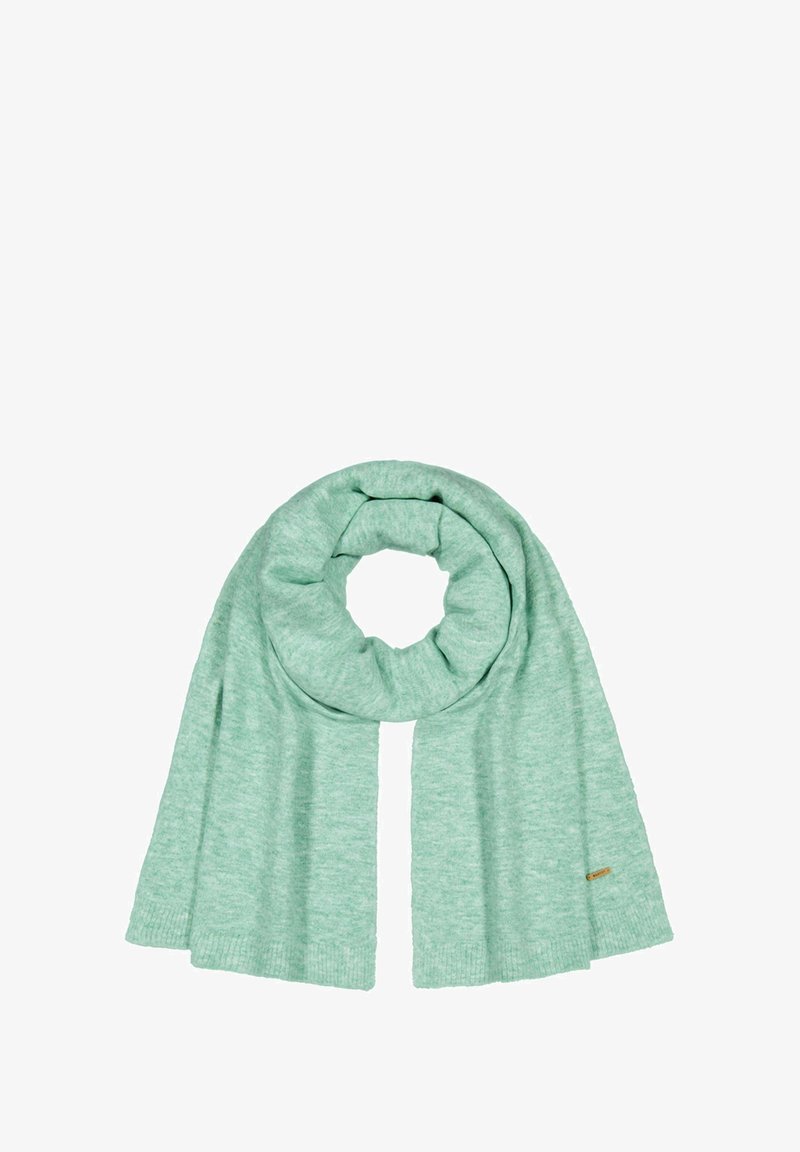 Soft mint green knitted scarf folded in a loop with ribbed edges and a small tan tag on one end.