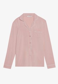 Ljusrosa pyjamaströja med lång ärm, notch-krage, vit piping längs kanterna och en enda bröstficka med knappstängning.