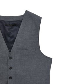 Grauer Herren-Weste mit drei schwarzen Knöpfen, Reverskragen, Brusttasche und dunkler Innenfutter, vor weißem Hintergrund dargestellt.