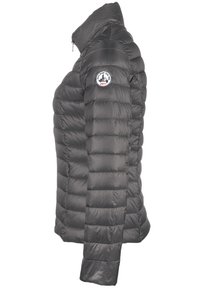 Chaqueta de plumas gris con cuello alto. Presenta secciones acolchadas horizontales, bolsillos con cremallera y un parche redondo con el logo en la manga izquierda.