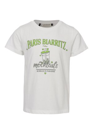 Witte T-shirt met korte mouwen met groene en grijze tekst "PARIS BIARRITZ mocktails BUBBLES IN PARADISE" en een groene illustratie van een frisdrank met bubbels.