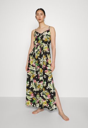 Vestido maxi com fundo negro apresentando vibrantes padrões florais tropicais em verde, rosa e branco. Alças finas ajustáveis, fenda lateral.
