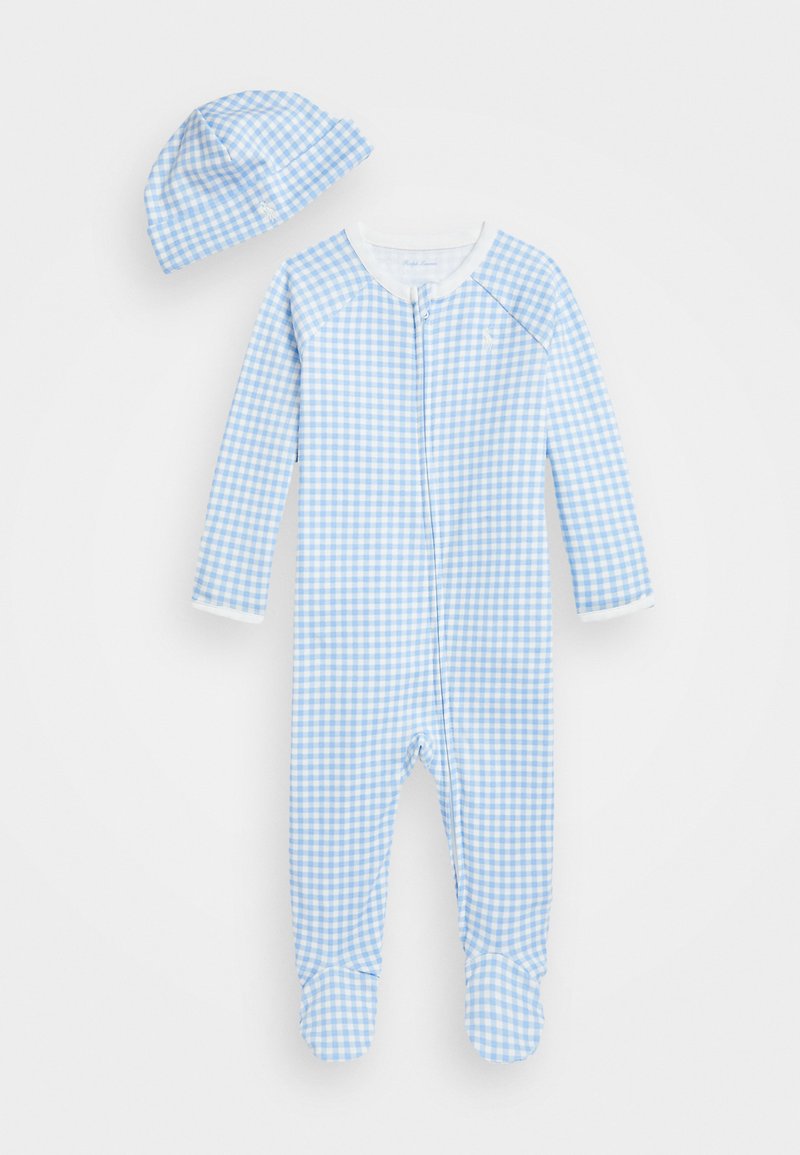 Μωρουδιακή φόρμα σε μπλε και λευκό καρό σχέδιο με μακριά μανίκια, φερμουάρ μπροστά, σχέδιο με πατούσες και ταιριαστό καπέλο. Λευκές λεπτομέρειες.
