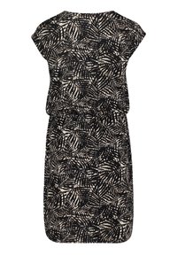 Černé a béžové šaty s krátkým rukávem a vzorem listů, s elastickým pasem a rovnou siluetou. Hladká, lehká tkanina.